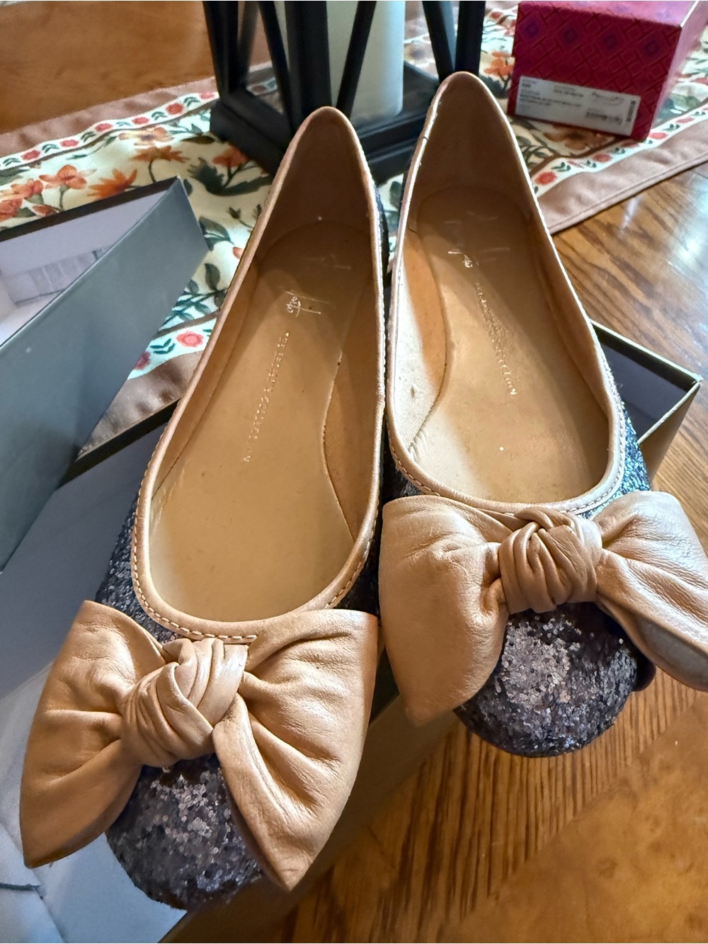 Franco Sarto pewter Sequin/glitter Flats with Tan leather Bow Accent